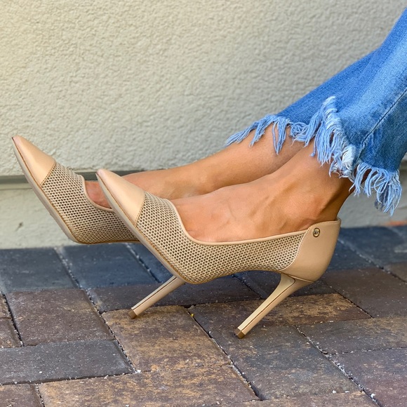 Tan Leather Perforated Mesh Stiletto Heel Pump - Picture 7 of 8